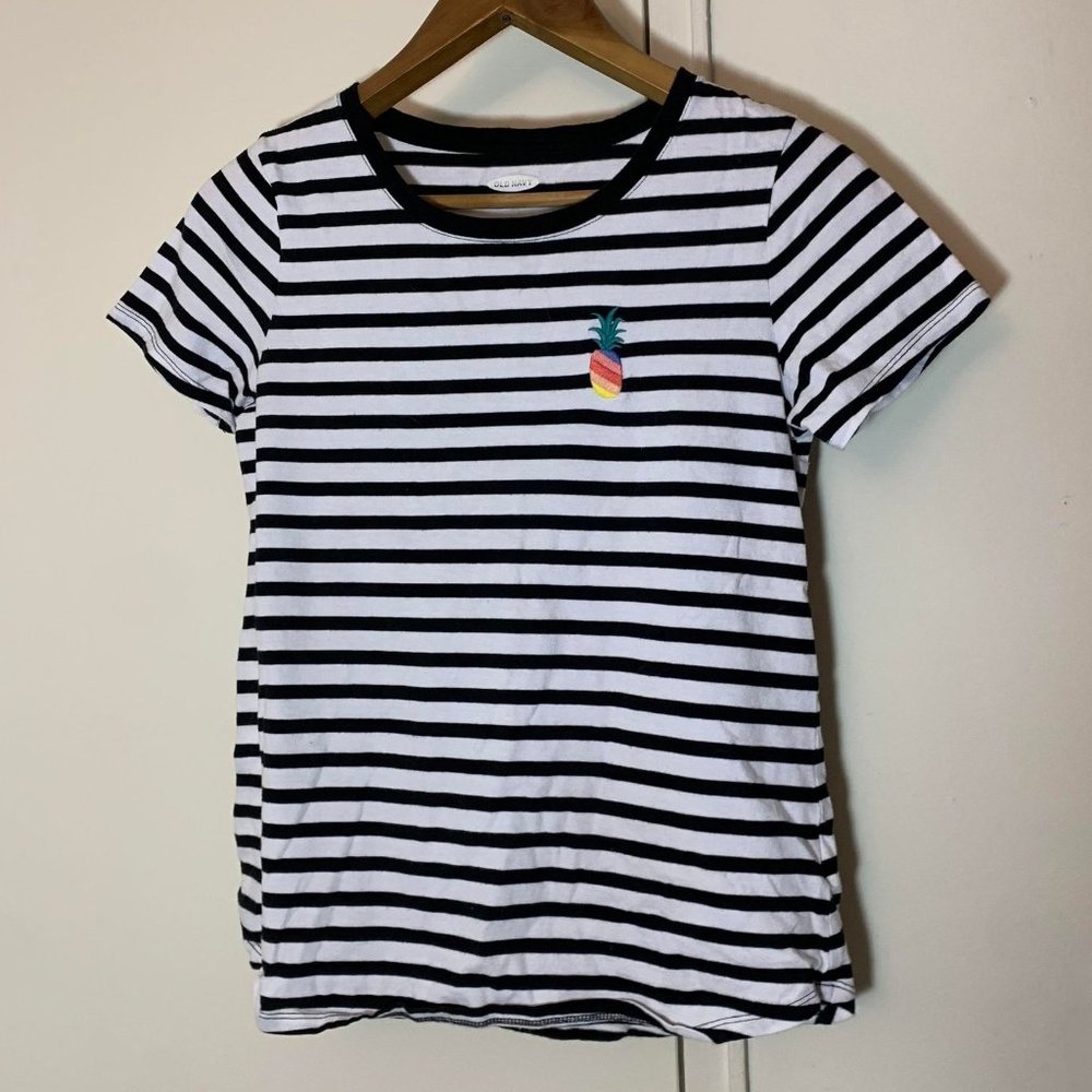 Old Navy Black & White Striped T-Shirt with Embroidered Pineapple - sz XS